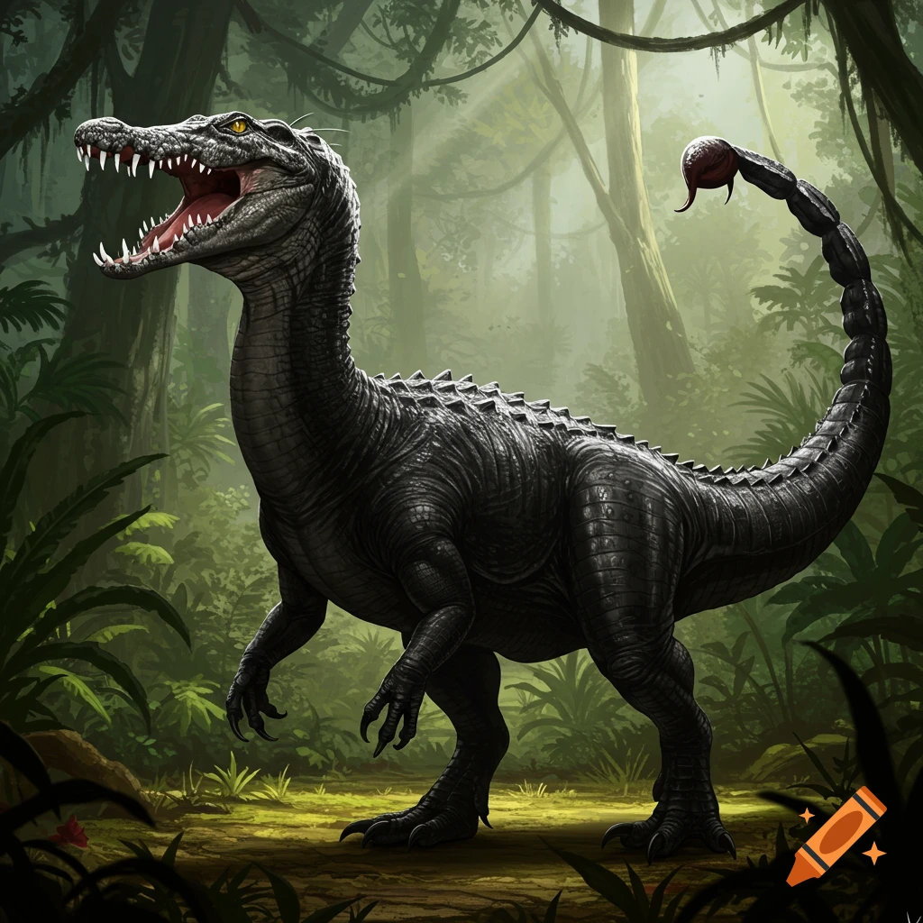 A black dinosaur with a crocodile head and scorpion tail stands in a jungle.