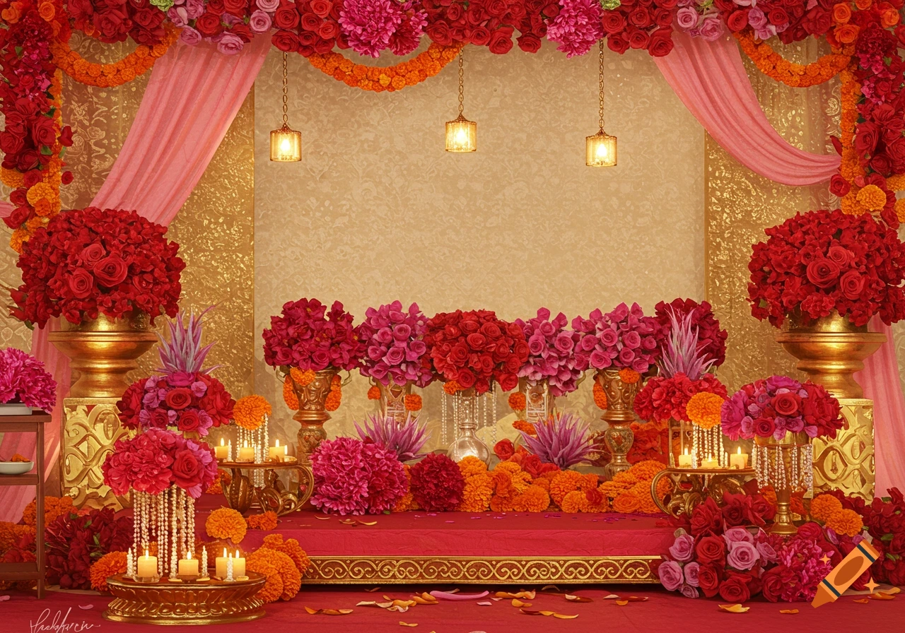 Wedding stage decor with abundant red and pink roses, orange marigolds, gold vases, and pink drapery