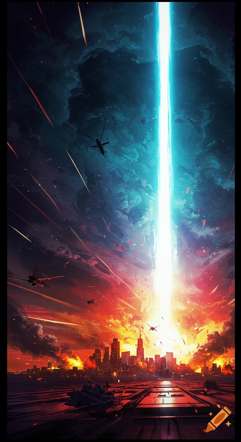 Giant laser beam hits city skyline during intense sunset with helicopters and explosions. Digital art.