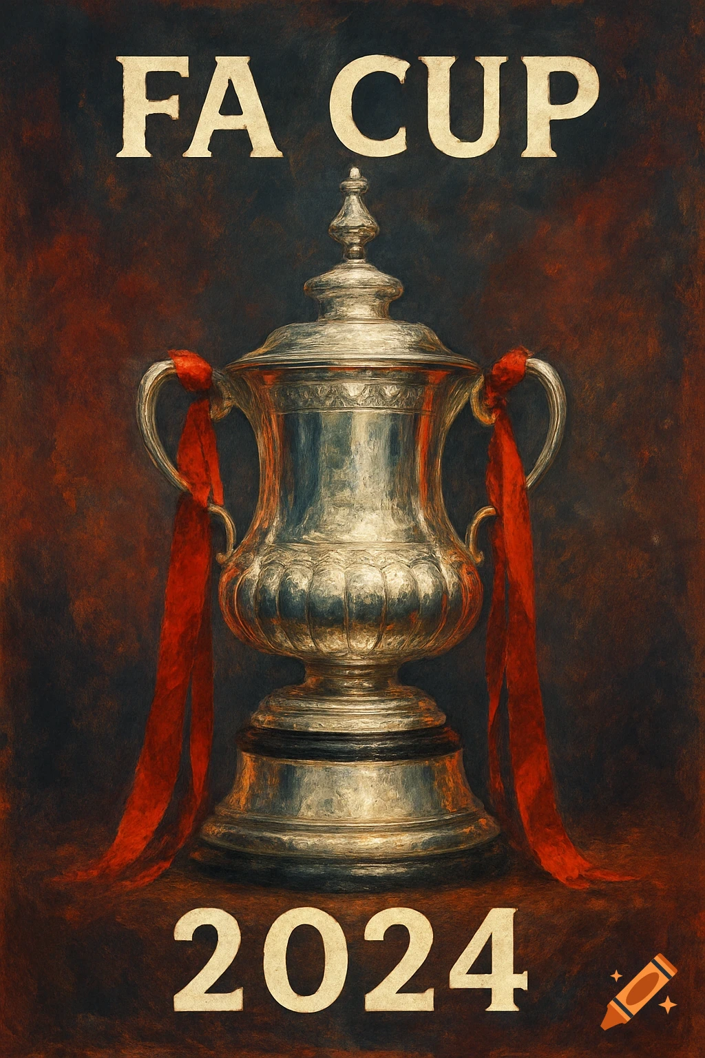 The FA Cup trophy with red ribbons on a dark background, 'FA CUP' text above and '2024' below, in an artistic style.