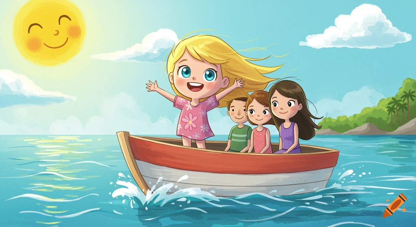 Cartoon illustration of children in a boat with a smiling sun