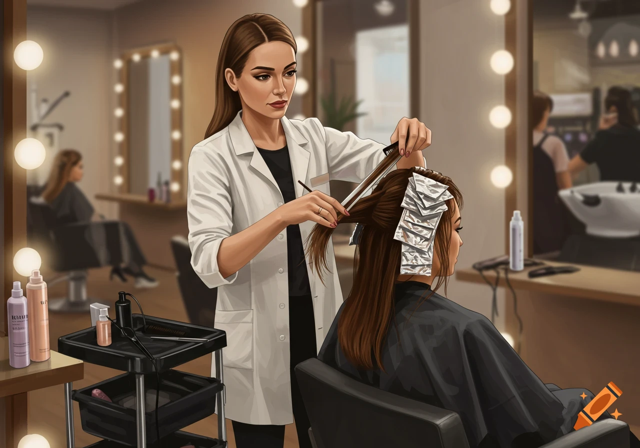 An illustration of a stylist applying foil to a client's hair in a beauty salon.