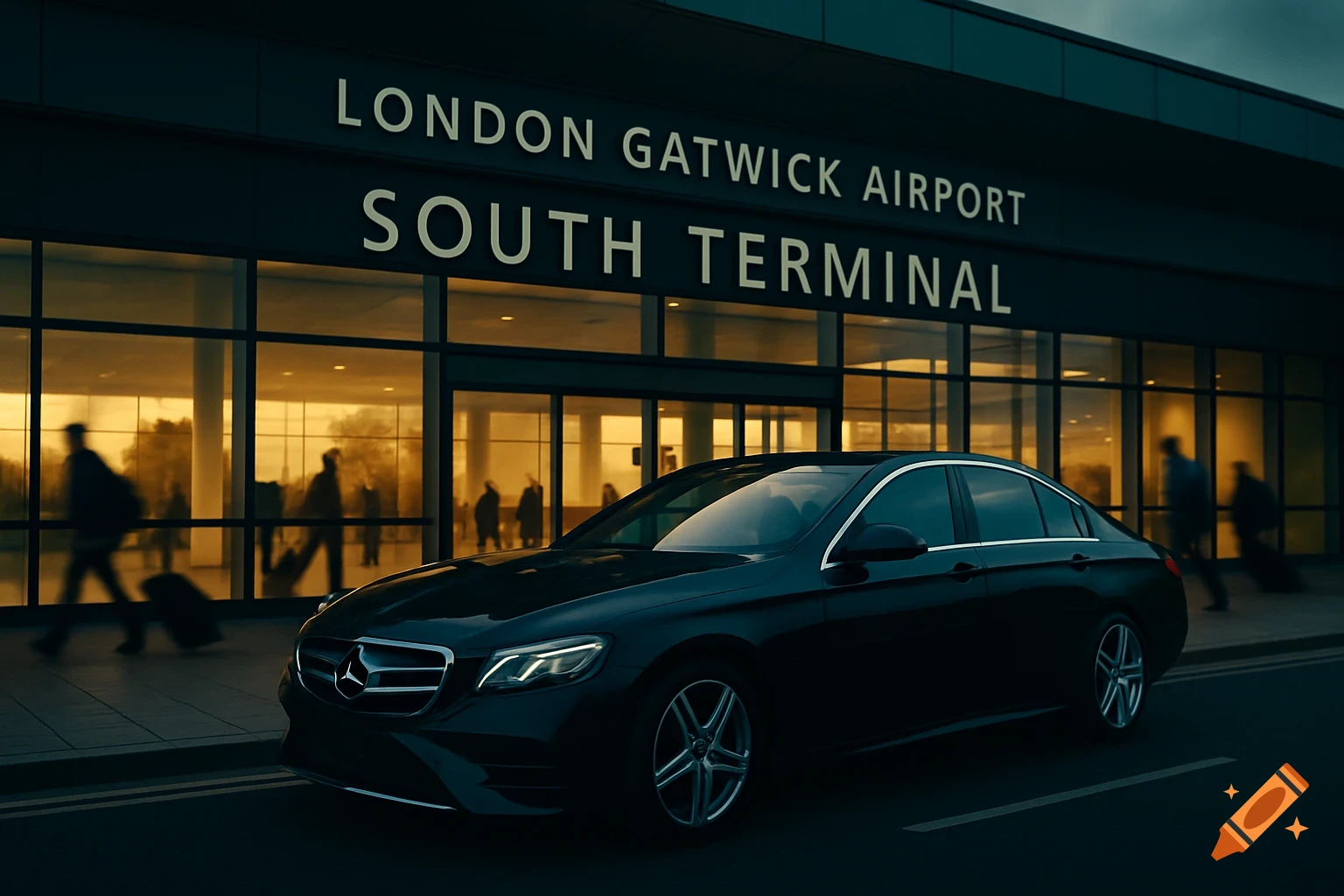 A black Mercedes sedan is parked in front of the London Gatwick Airport South Terminal building at sunset, cinematic lighting.