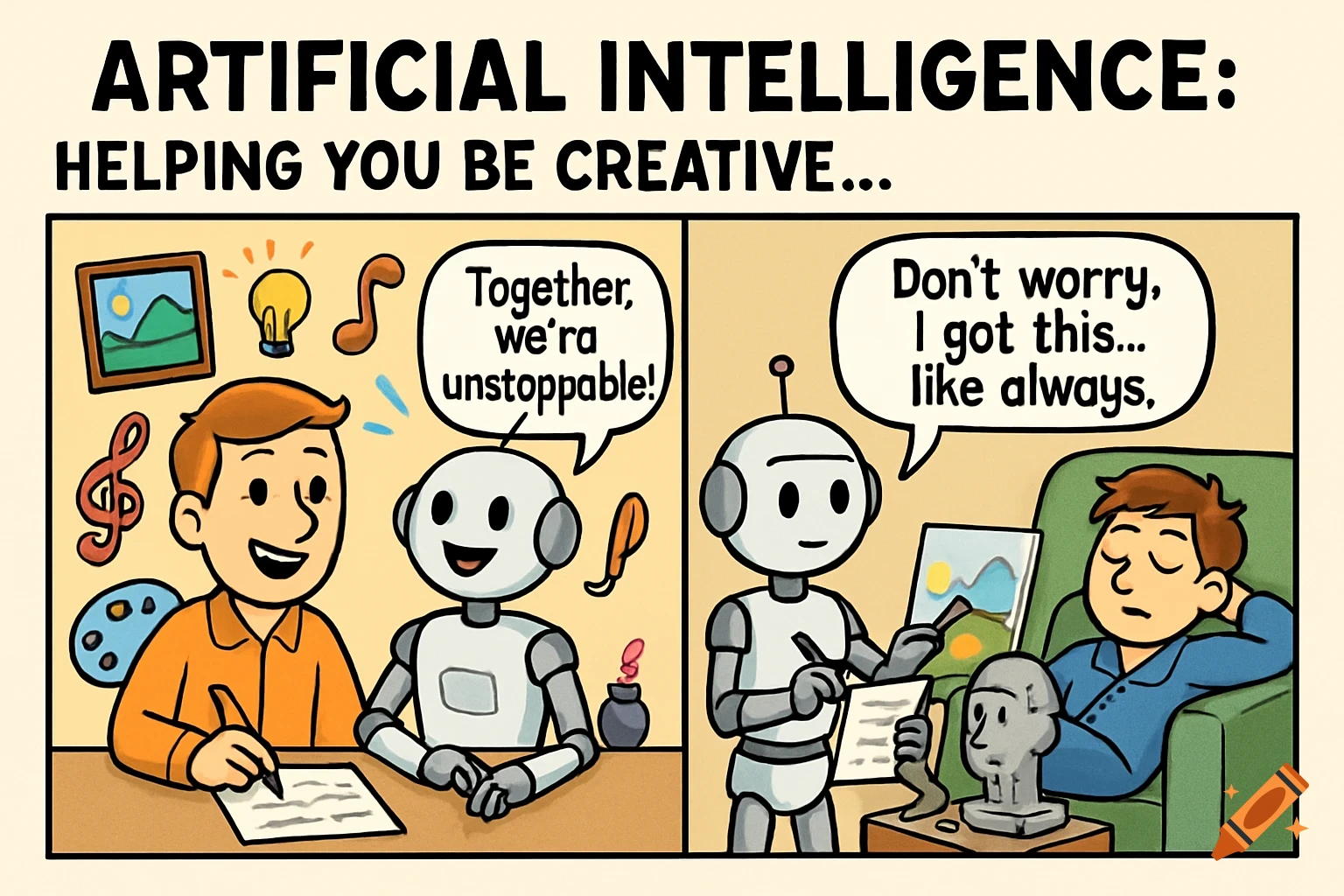 Cartoon split panel comparing creative work with AI. Left: human and robot collaborate on art, music, writing. Right: robot works alone while human sleeps.