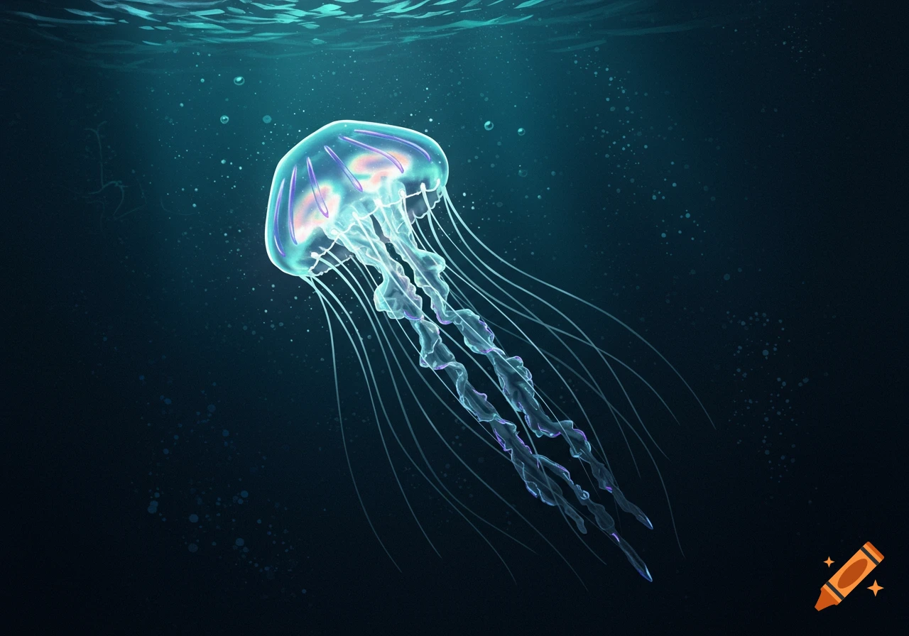 A glowing crystal jellyfish swims in the deep blue ocean, digital art.