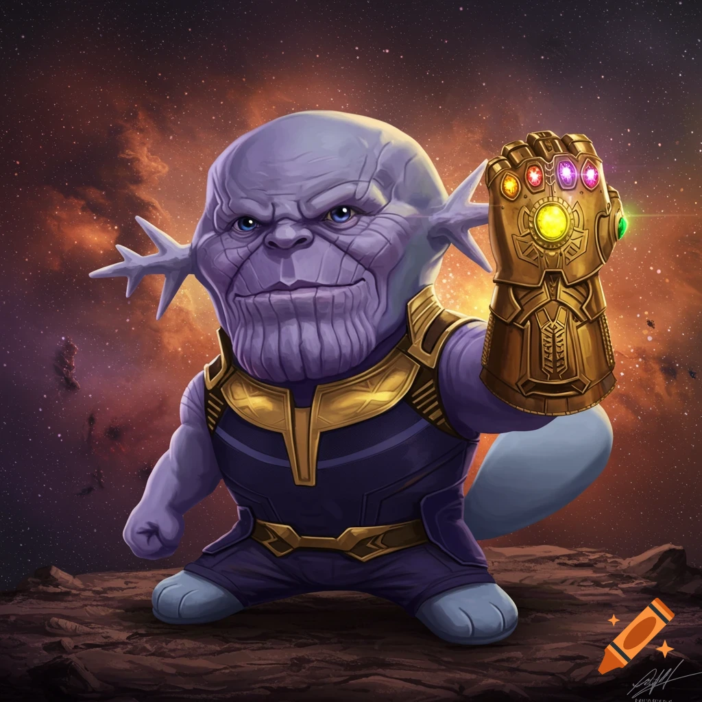 Cartoon Wooper Pokemon dressed as Thanos holding Infinity Gauntlet in space.