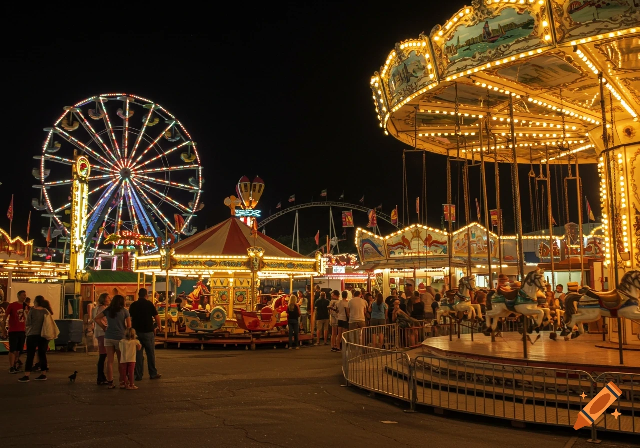Night view of a bustling amusement park with a ferris wheel and a carousel.