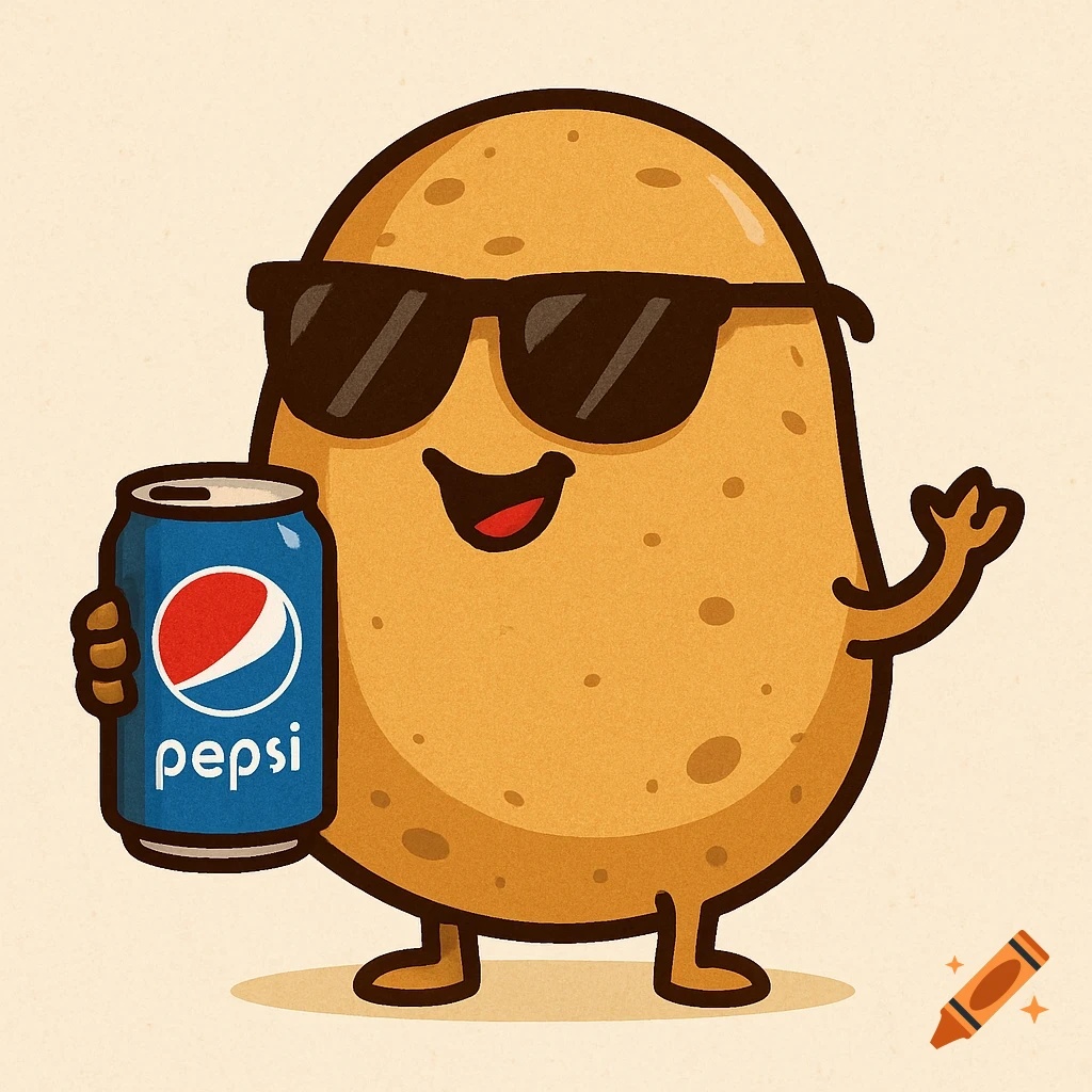 Cartoon potato wearing sunglasses holds a Pepsi can