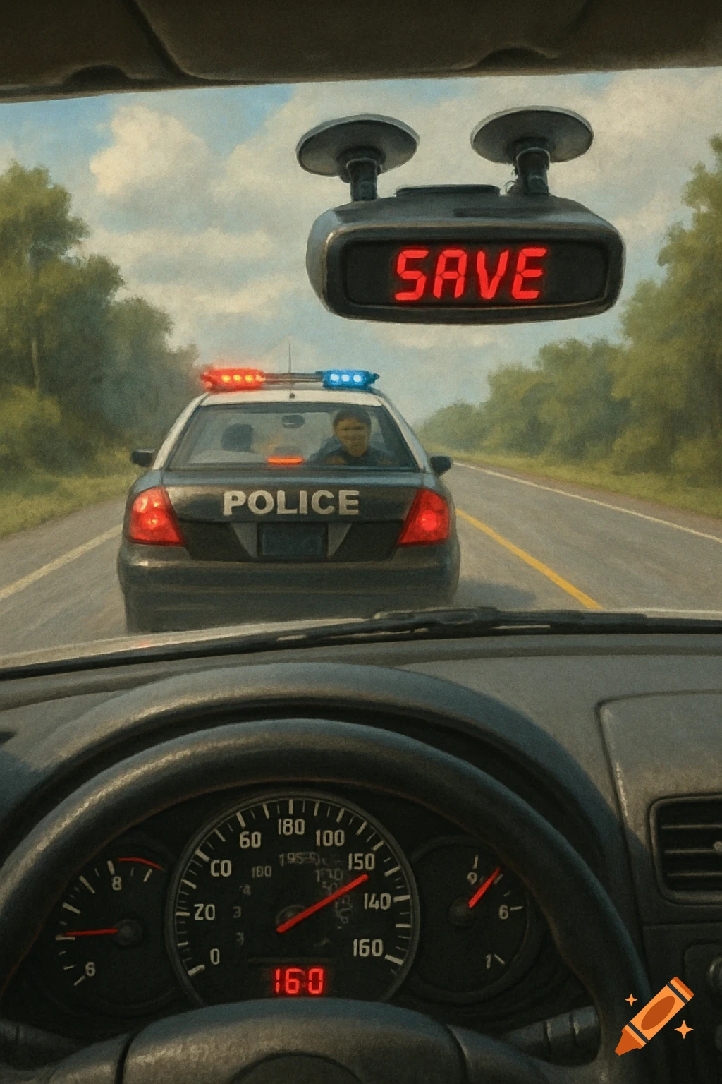 View from a car dashboard showing a speedometer at 160, a radar detector with SAVE, and a police car ahead on a road.