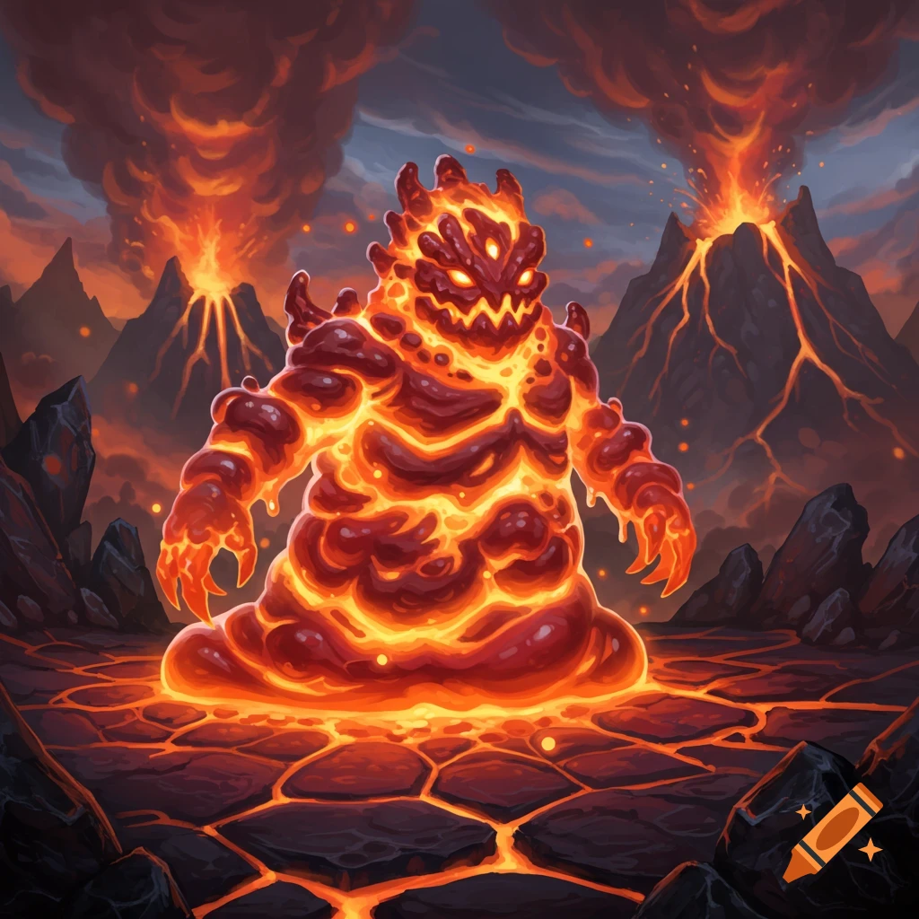 A fantasy lava monster sits amidst a volcanic landscape with erupting volcanoes.