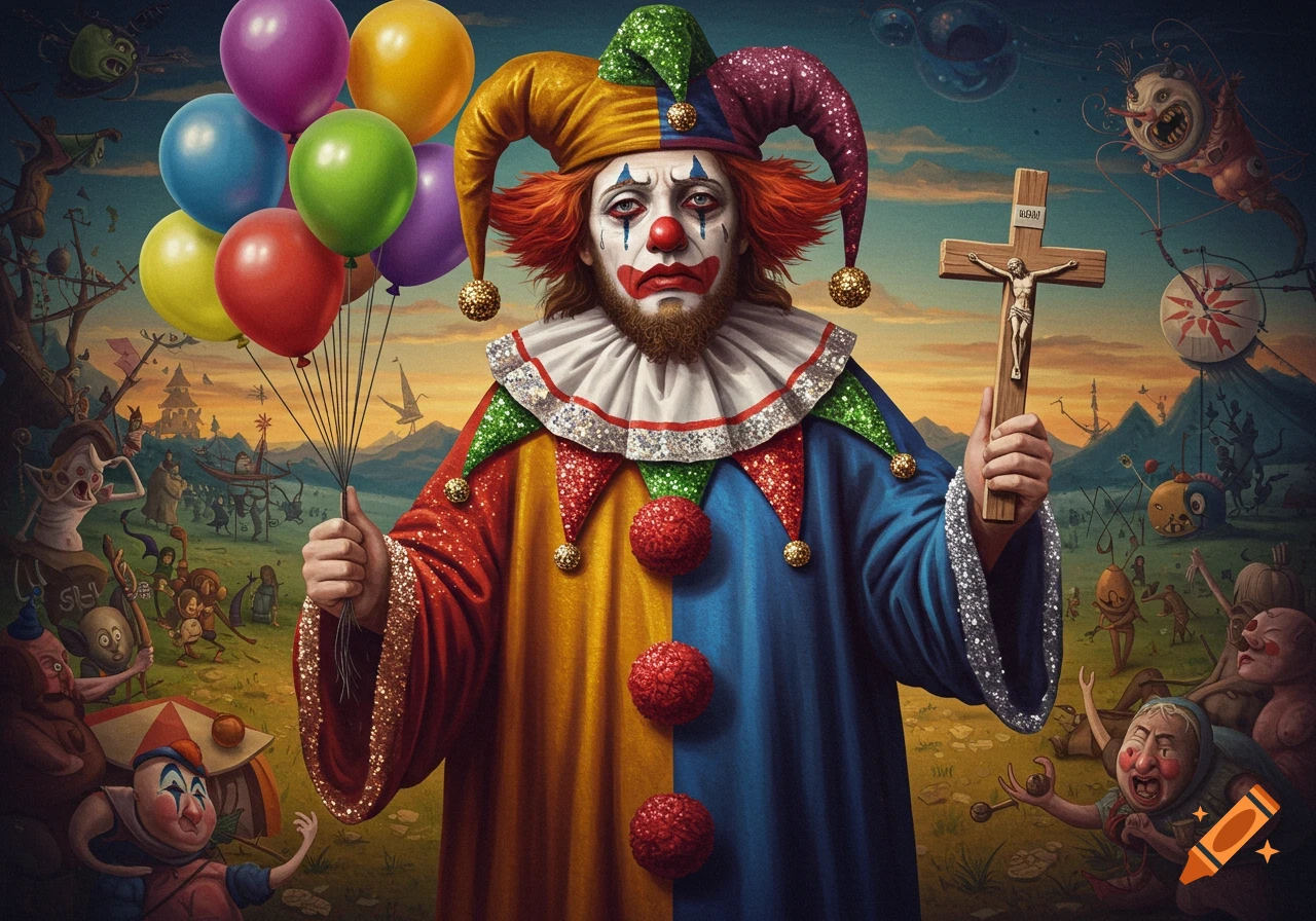 A person in full clown makeup and costume holds colorful balloons in one hand and a crucifix in the other. Surreal background figures.