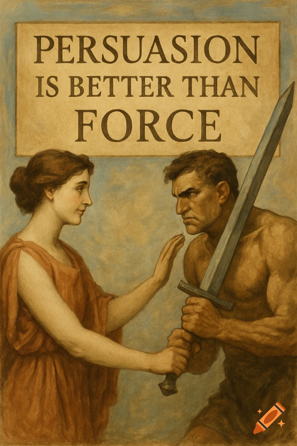 A woman reaches towards a muscular man holding a sword, under a sign reading "PERSUASION IS BETTER THAN FORCE" in a classical painting style.