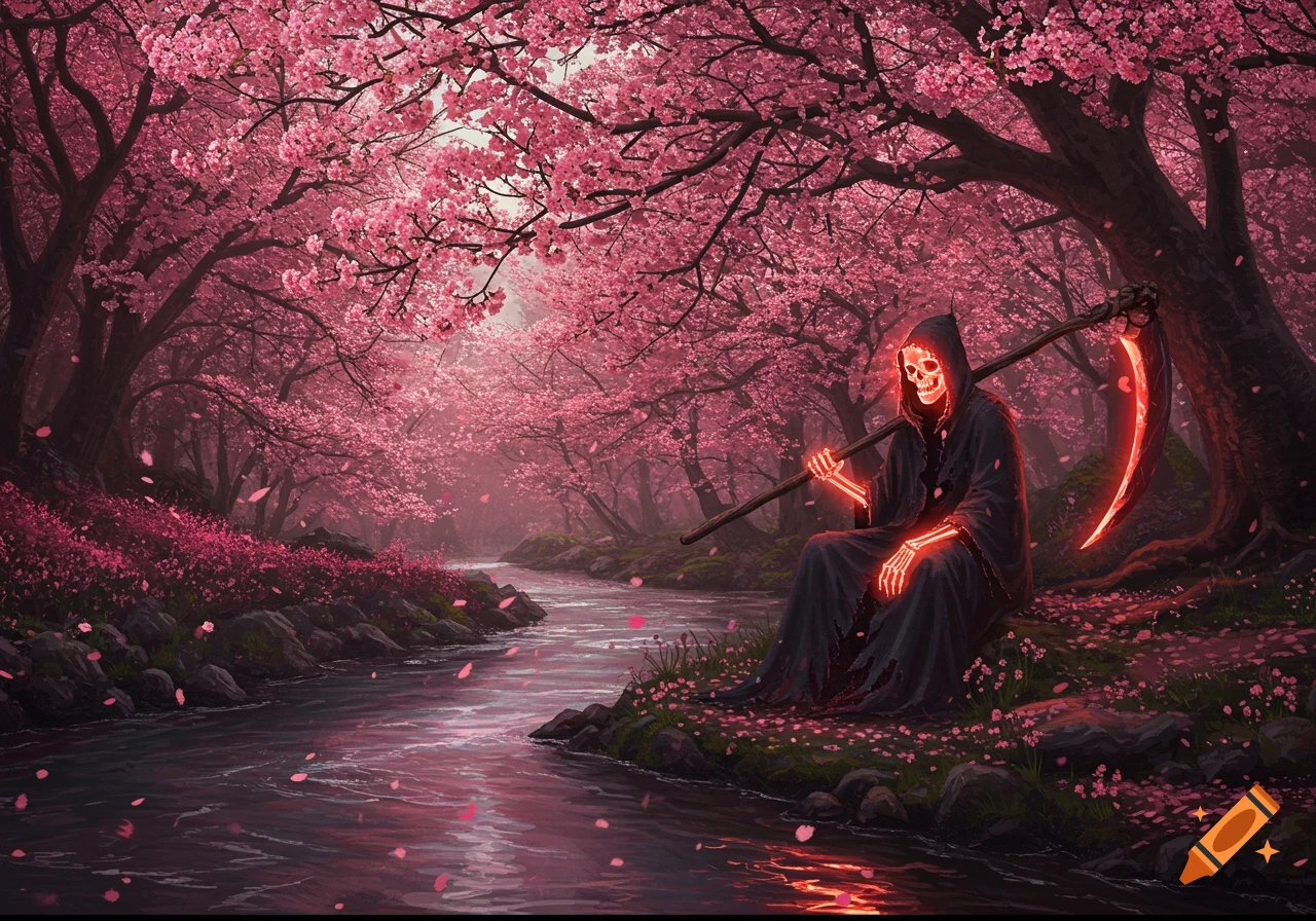 Grim Reaper skeleton sits by a river in a cherry blossom forest, holding a glowing scythe.
