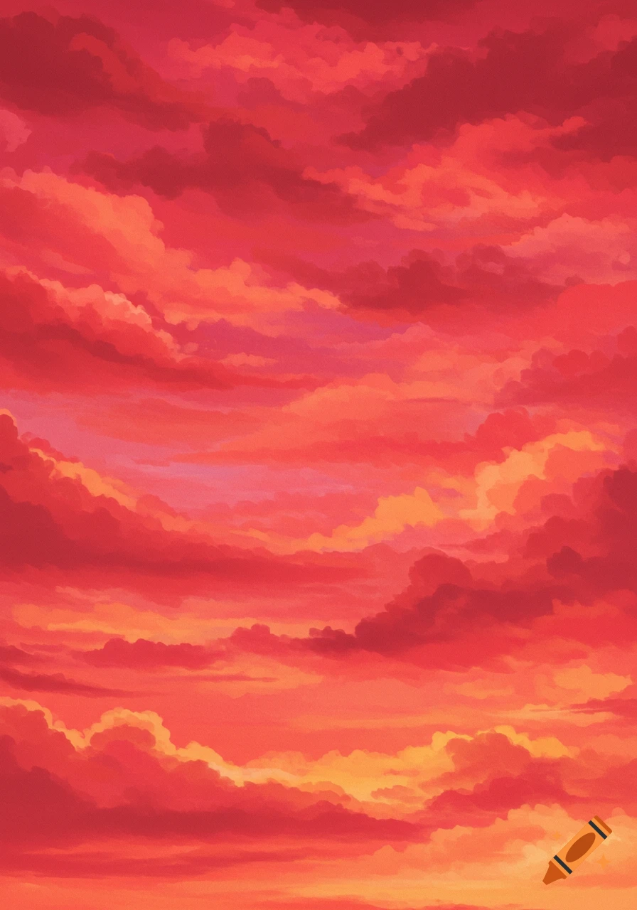 A painted sky filled with swirling red and orange clouds.