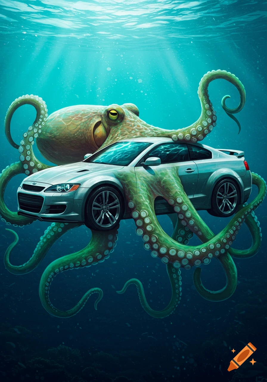 Giant octopus holding a silver car underwater with light rays streaming from the surface.