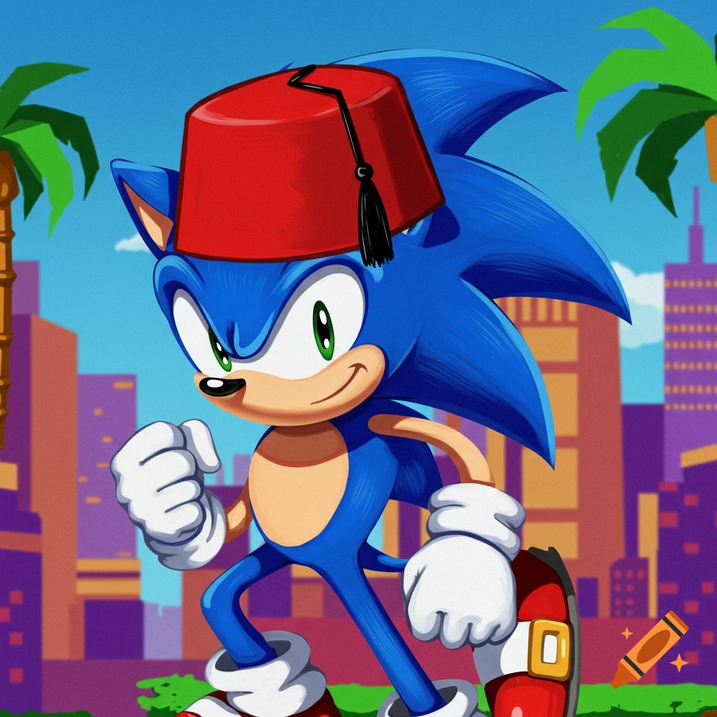Sonic the Hedgehog wearing a fez in a stylized city background.
