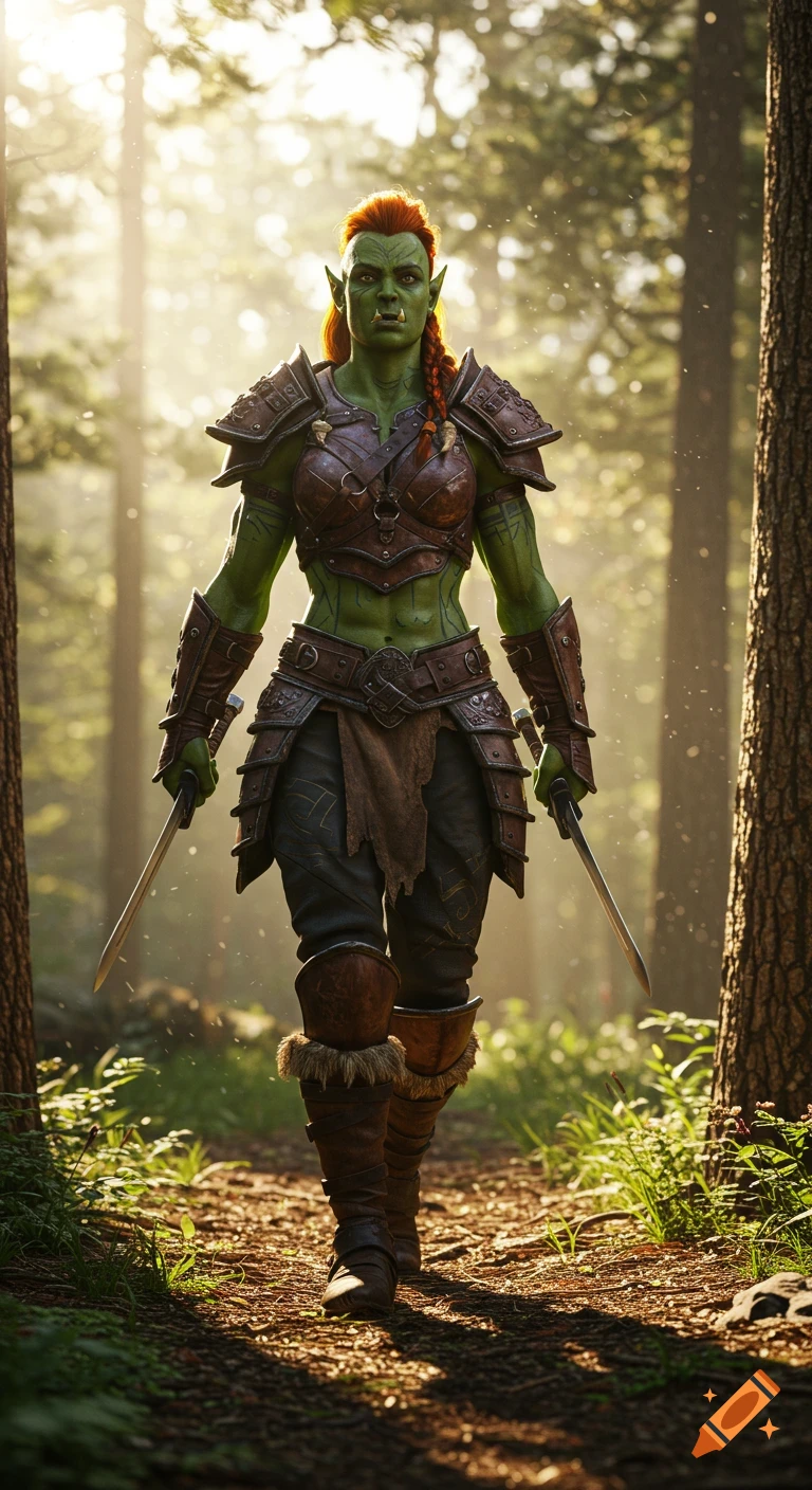 Orc warrior woman walks through sunlit forest with swords.