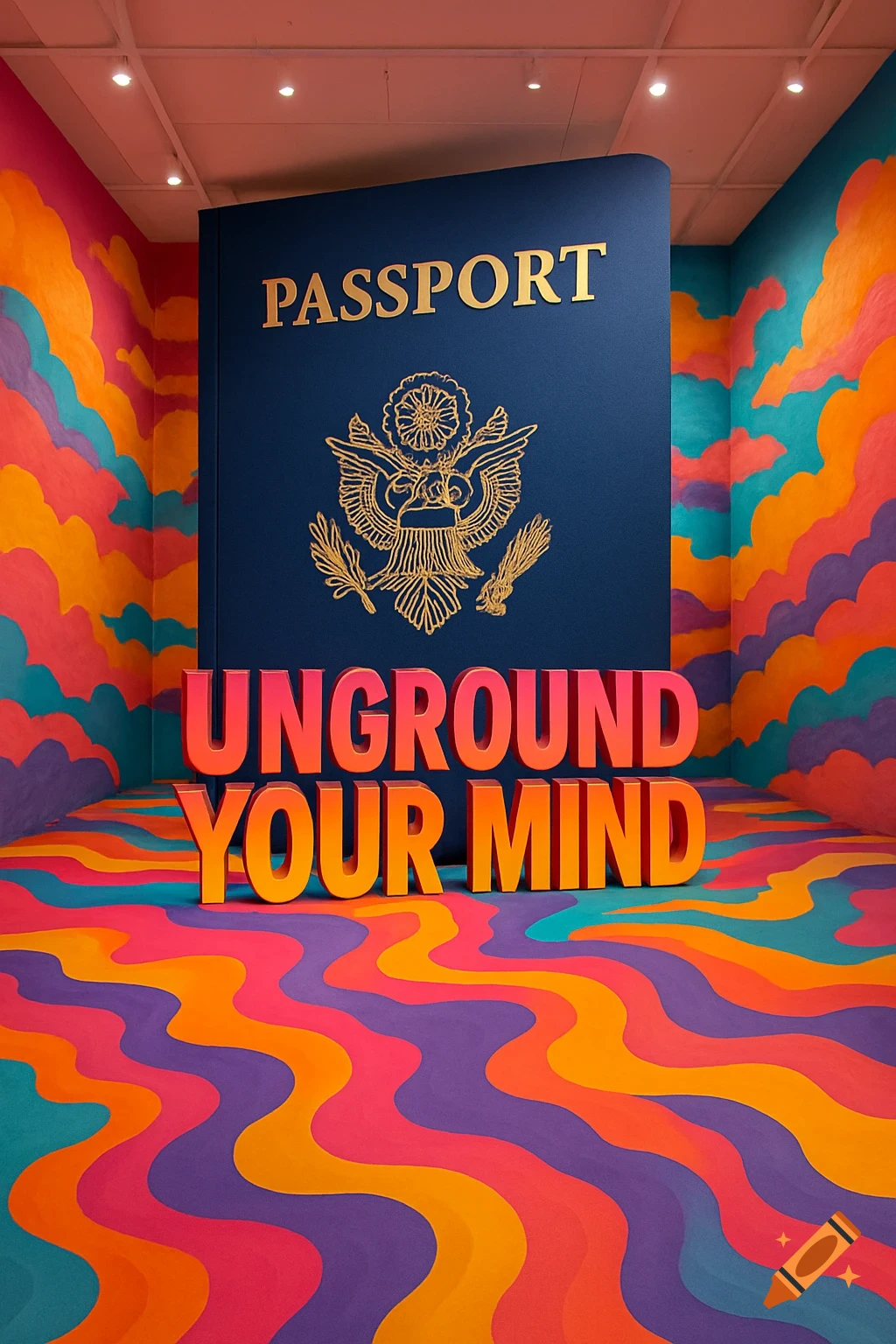 A large passport prop stands behind giant text reading "Unground Your Mind" in a room with wavy, colorful floor and wall patterns.