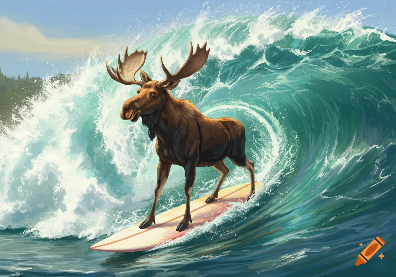 An illustrated moose rides a surfboard on a large wave.