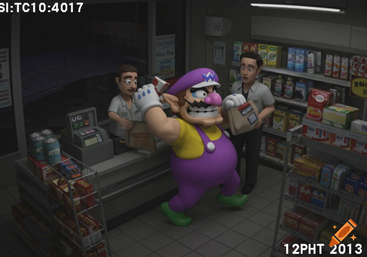 3D render of Wario in a store with two staff members, holding bags, in a scene resembling CCTV footage.