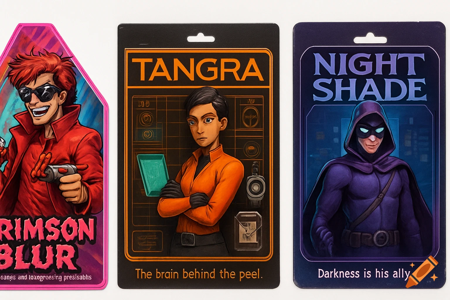 Three action figures on blister packaging in retro comic art style: Crimson Blur, Tangra, and Night Shade.