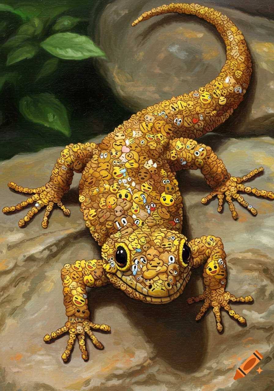 A painting of a lizard made of many yellow emoji faces, resting on a rock.
