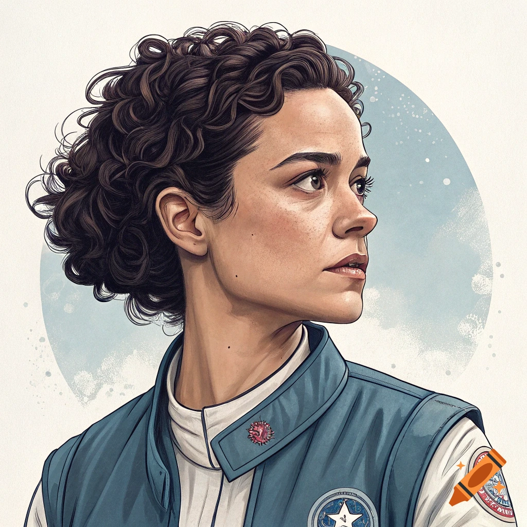 A stylized illustration of a woman in a blue vest uniform looking right.