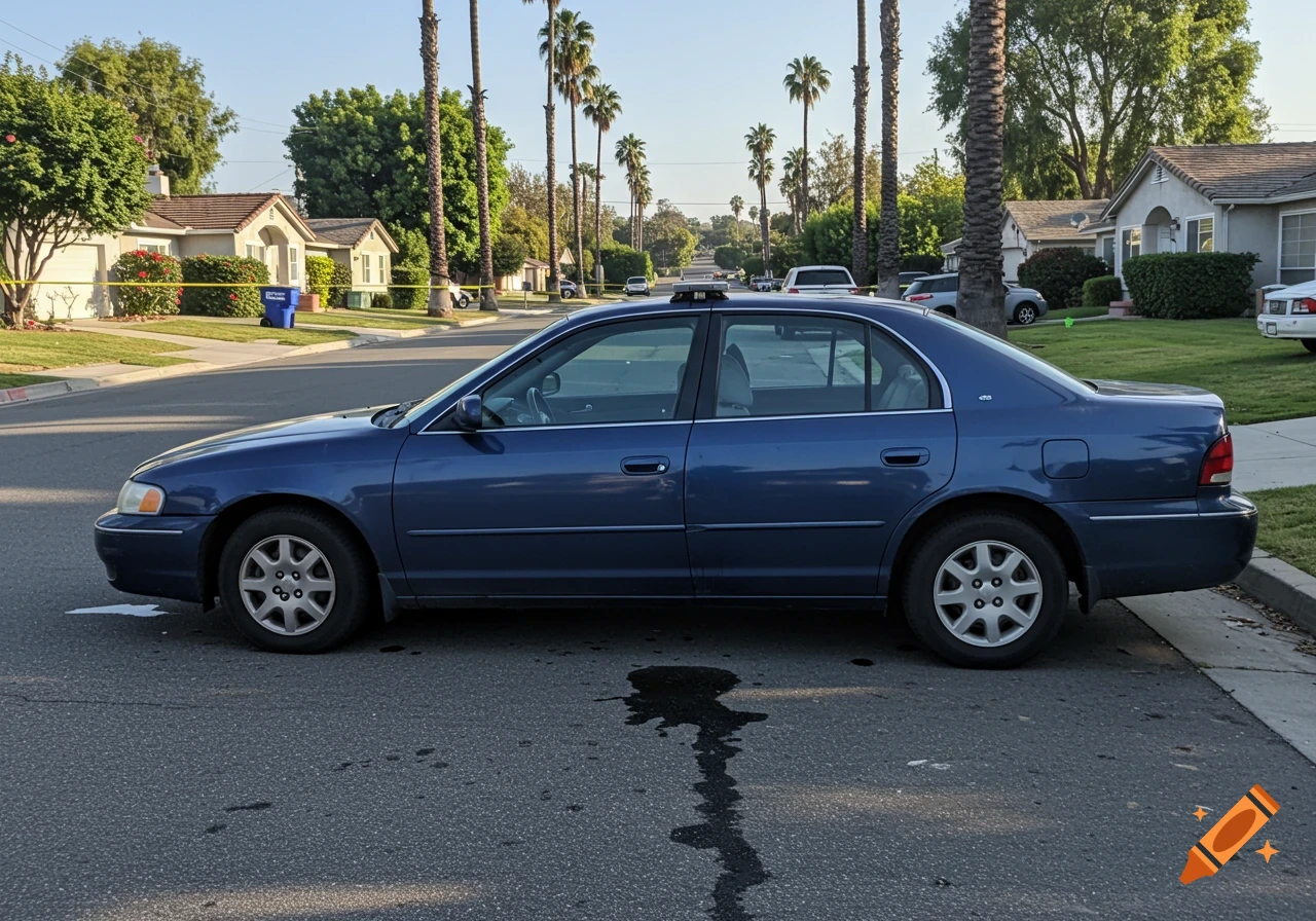 Blue sedan parked on suburban street with palm trees, houses, yellow tape, and liquid spill on pavement. Photorealistic.