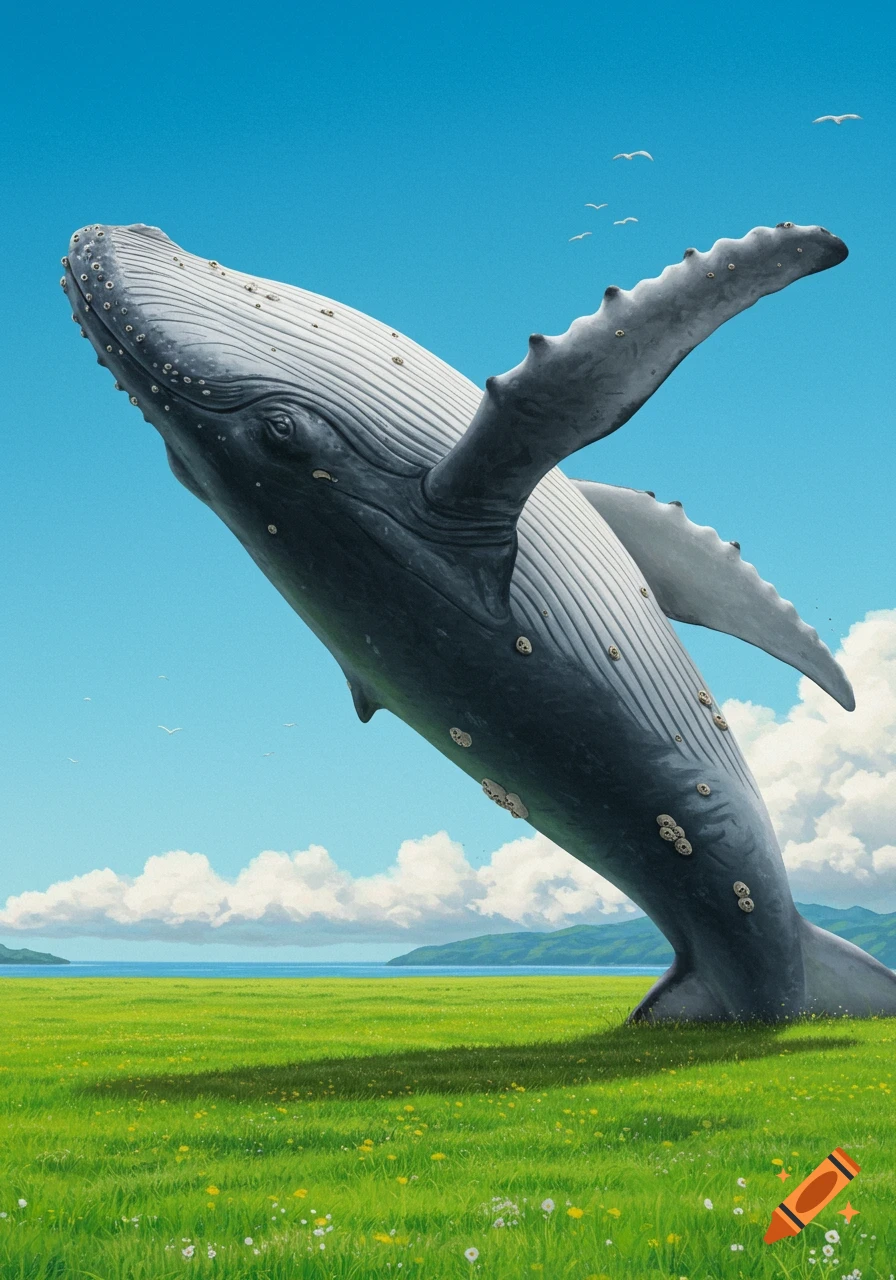 A large humpback whale leaps out of a bright green grassy field towards a blue sky with clouds and birds.