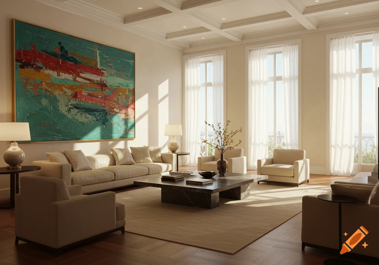 A luxurious living room interior with large windows, a sofa, armchairs, and a large abstract painting on the wall.
