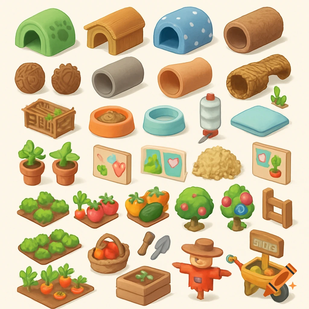 Isometric game assets for a guinea pig and farm theme, showing items like hideouts, toys, food bowls, plants, crops, and farm tools.