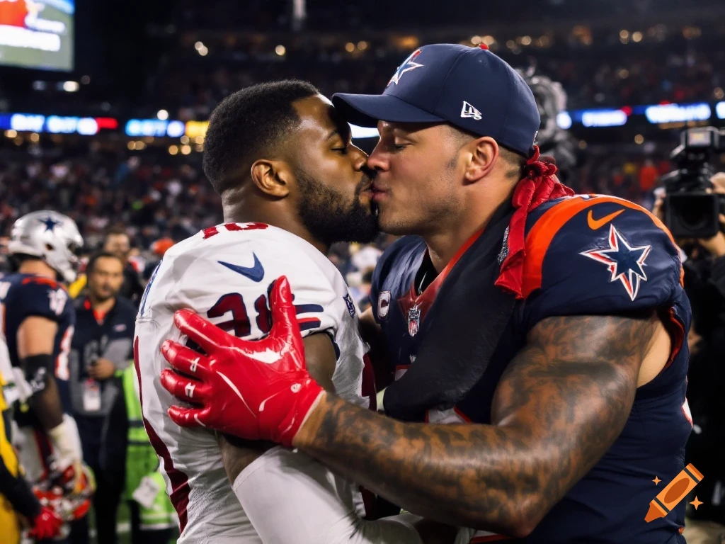 Two American football players kiss on the field after a game.