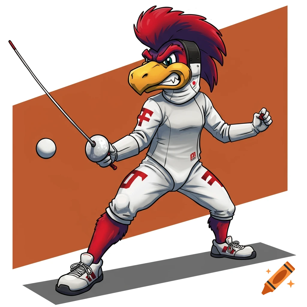Cartoon roadrunner mascot in fencing gear, en garde stance.