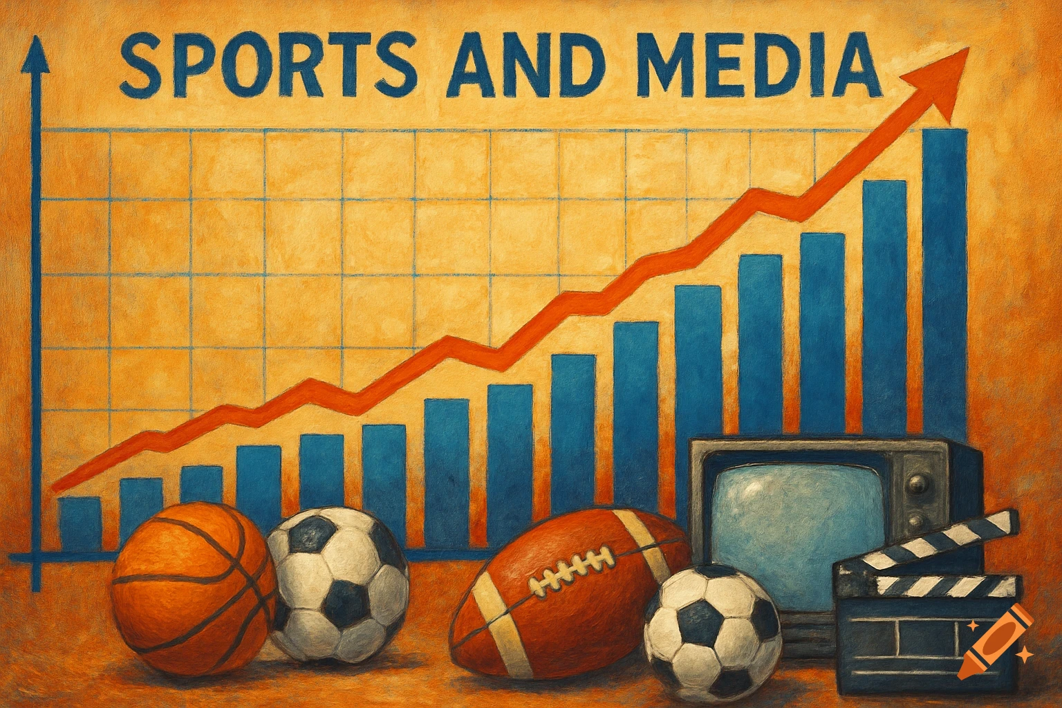 Painting of a graph showing growth with sports balls, TV, and film clapperboard below. Text reads SPORTS AND MEDIA.