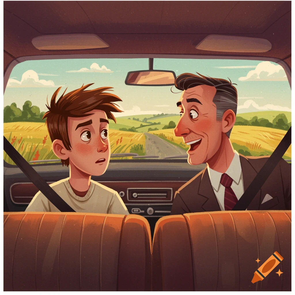 Illustration of a man and boy talking in a car on a road trip.