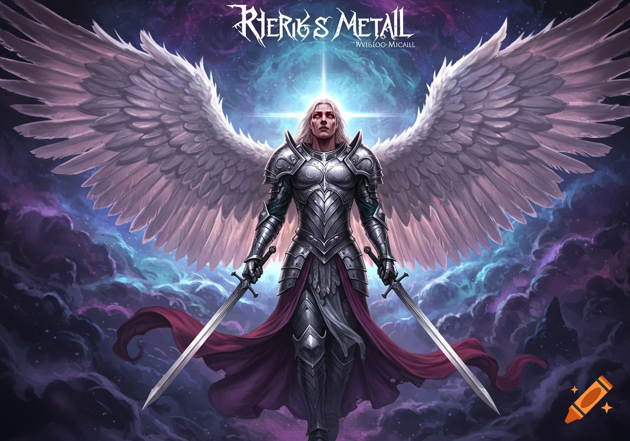 Fantasy illustration of a winged warrior in silver armor holding two swords, standing before a cosmic sky.