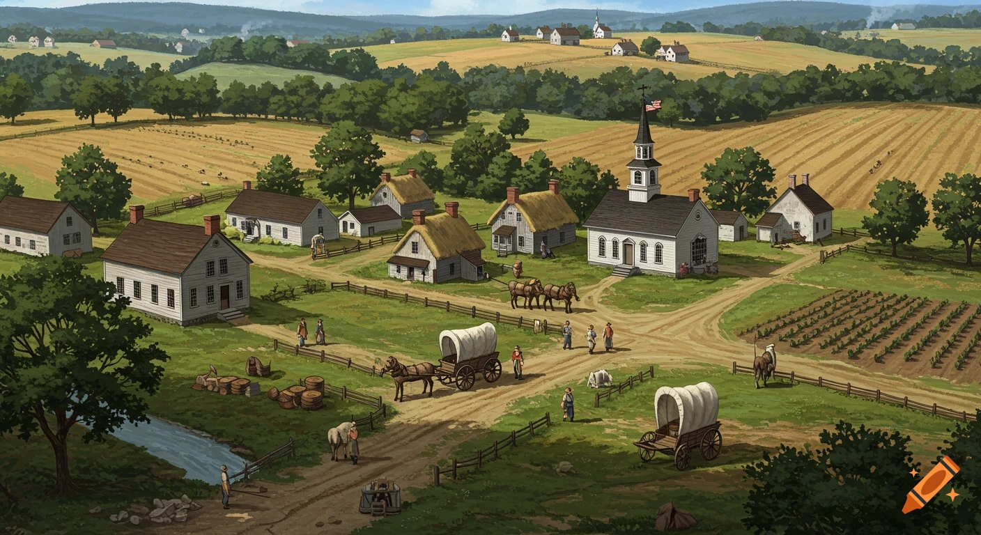 An illustration of a 1778 New England village with a church, houses, people, wagons, fields, and a river.