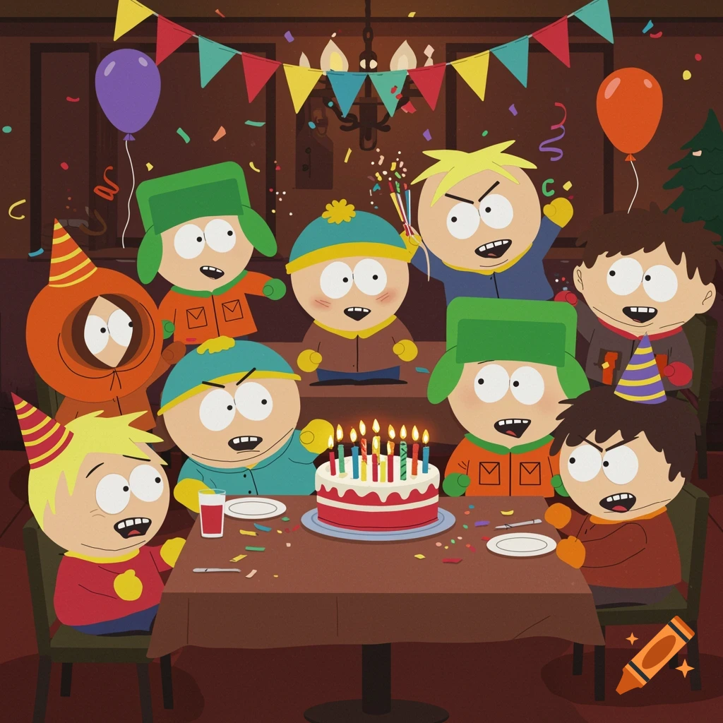 South Park characters celebrating a birthday with a cake, balloons, and confetti.