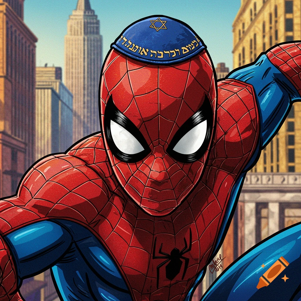 Comic art of Spider-Man wearing a blue kippah with a Star of David and Hebrew text, in a city.