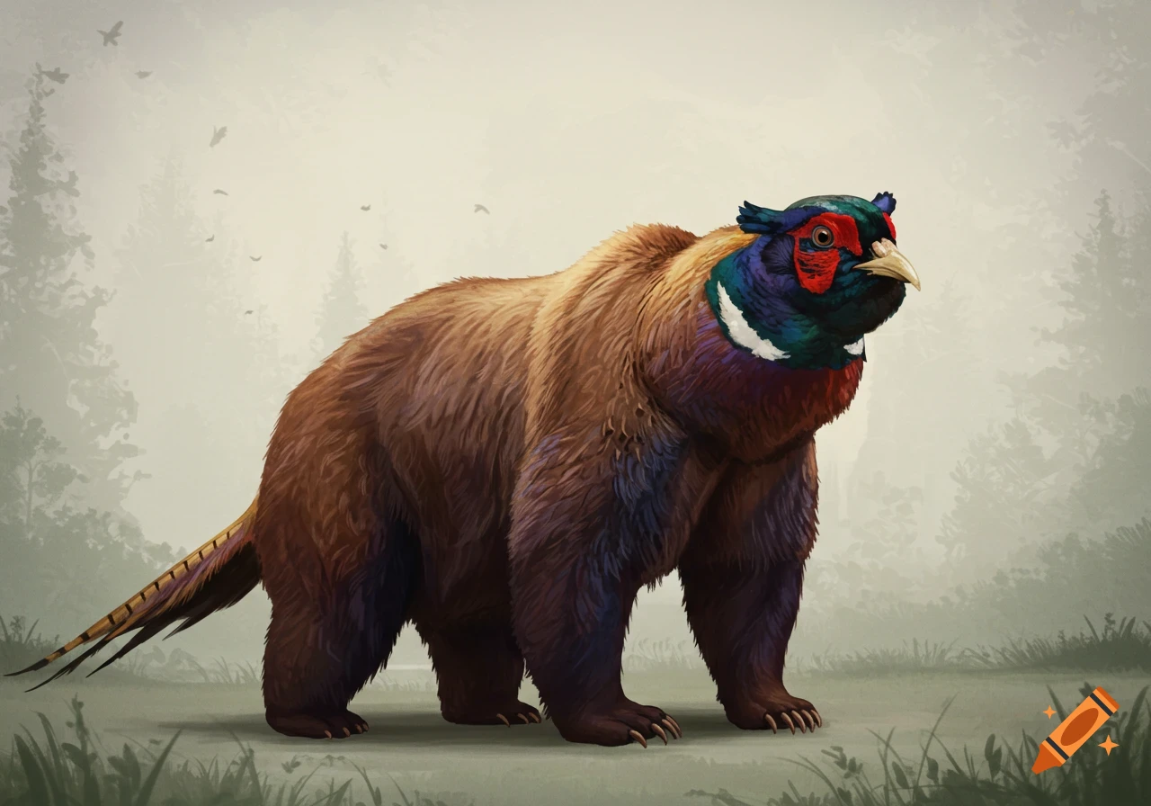 A bear-pheasant hybrid creature with bear body and pheasant head and tail stands in a forest clearing.