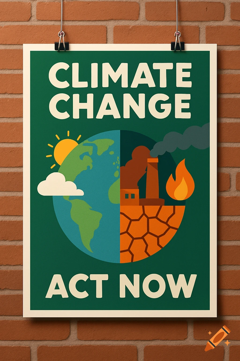 A climate change poster split showing a healthy green Earth and a polluted brown side with factory and fire. Text: 'CLIMATE CHANGE ACT NOW'.