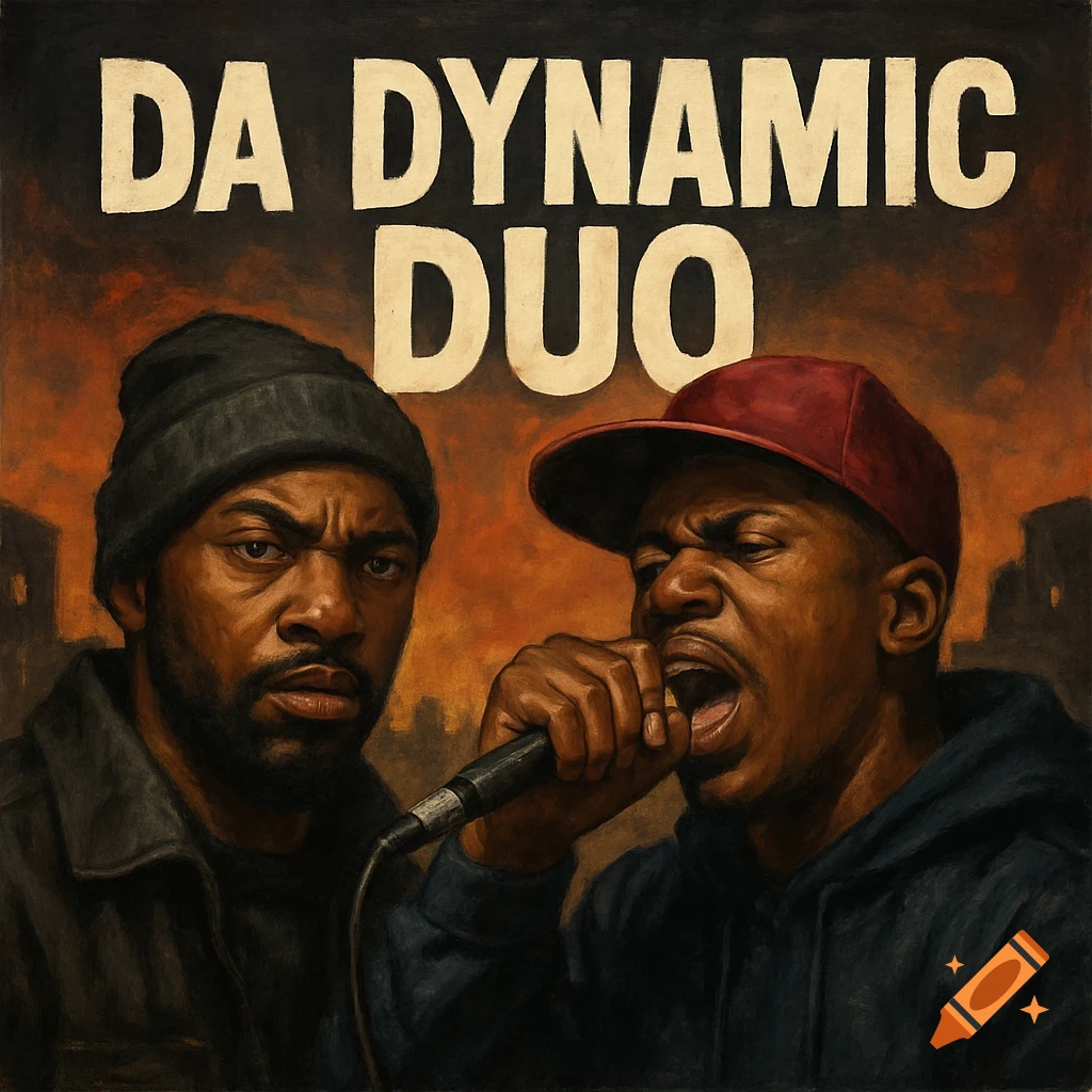 Illustration of two men, one with a microphone, standing in an urban scene with the text "DA DYNAMIC DUO" above them, in the style of a rap album cover.