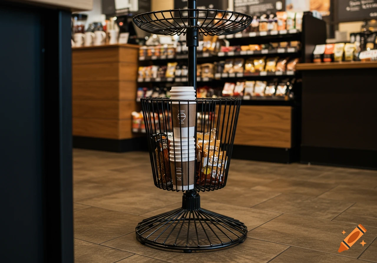 A close-up photograph of a black wire merchandising fixture holding paper cups and snack bags in a coffee shop.