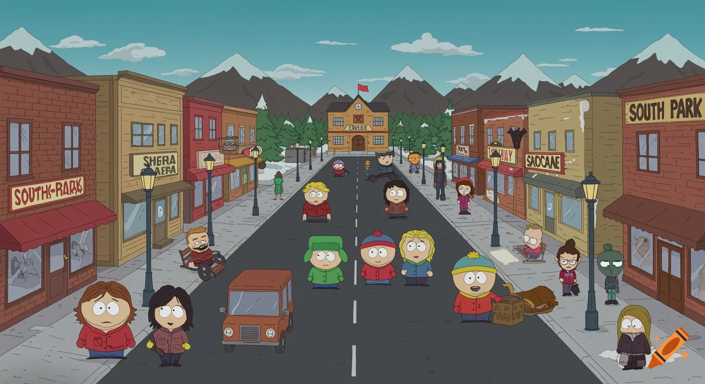 South Park characters stand on a street in the town.