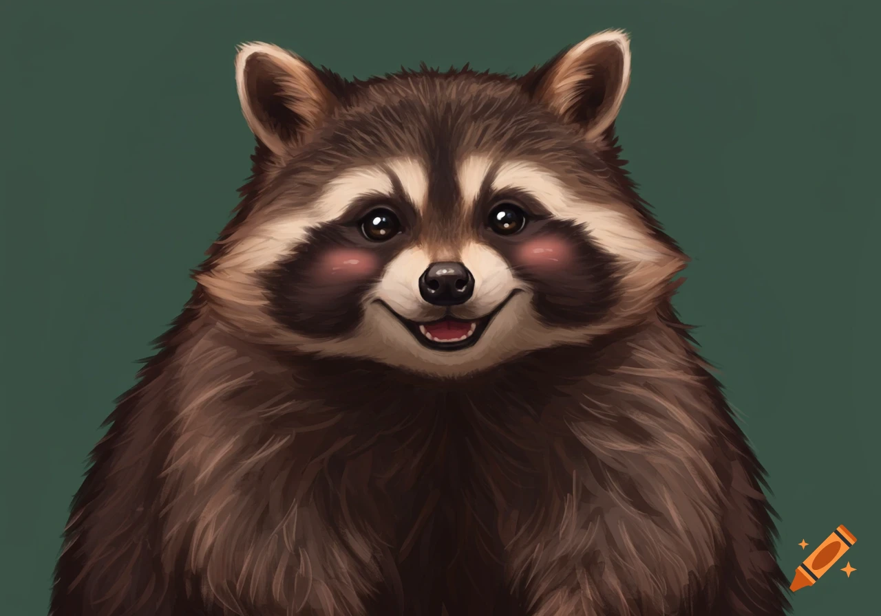 Close-up digital painting of a smiling raccoon face