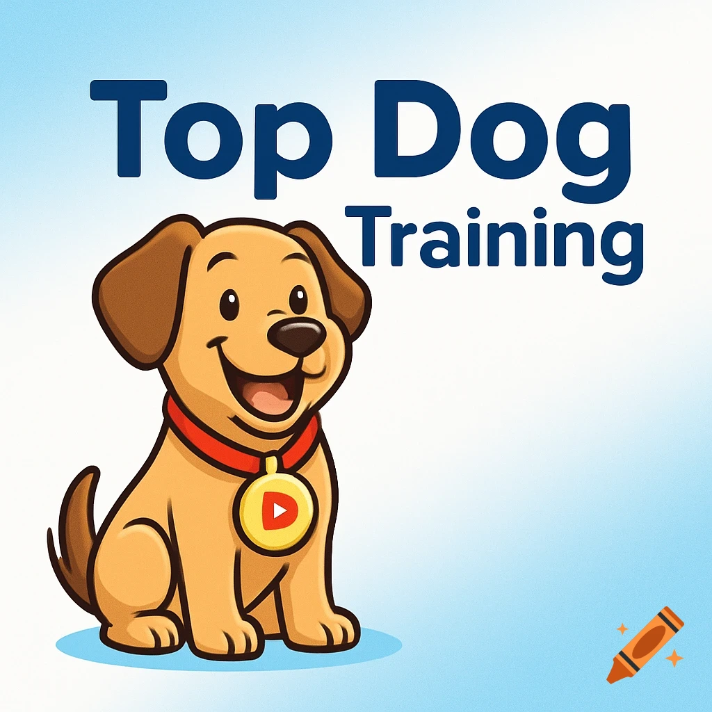 A cartoon dog sits wearing a medal, with 'Top Dog Training' text.