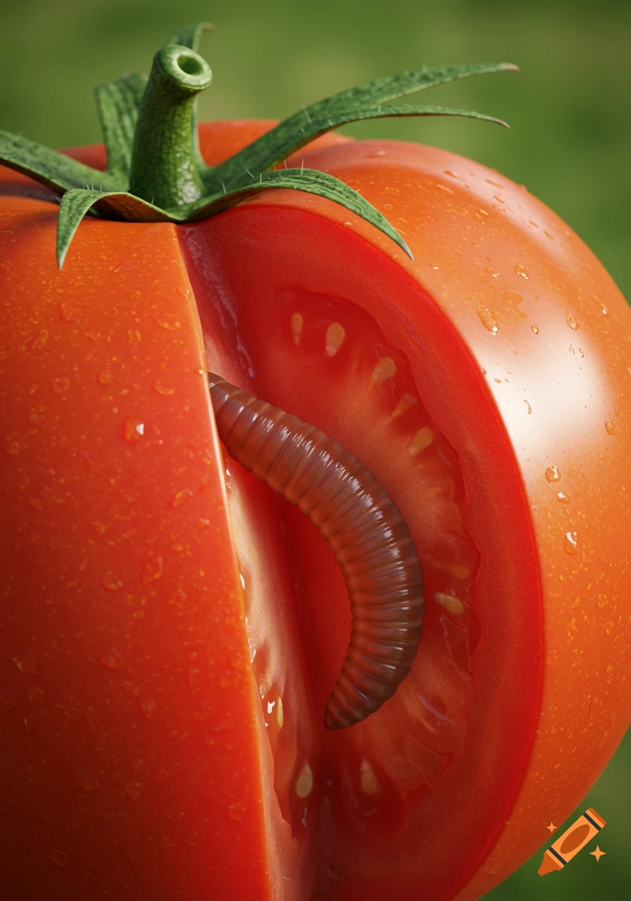 A close-up macro shot of a worm inside a sliced red tomato.