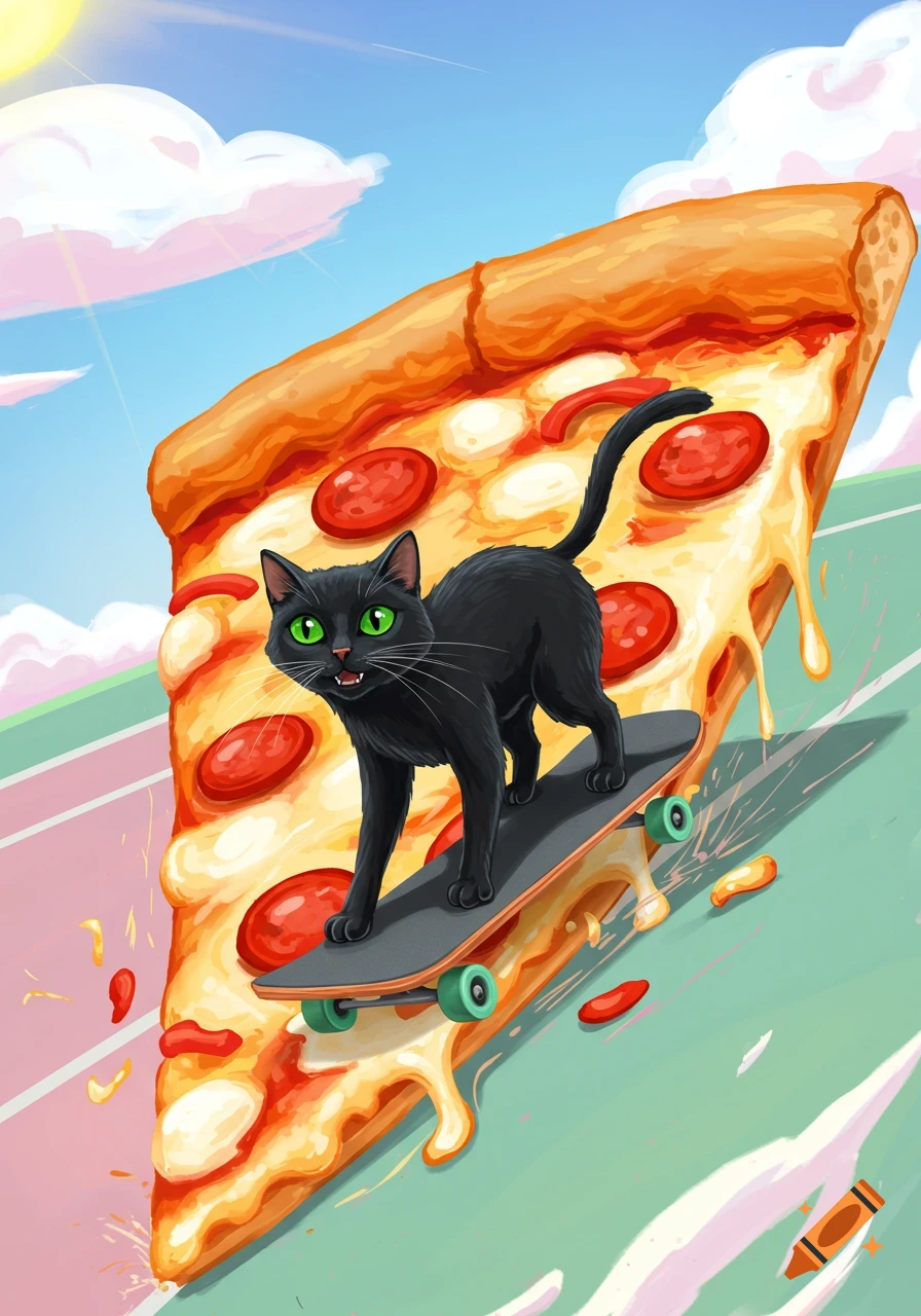 Illustrated black cat rides a skateboard on a giant pepperoni pizza slice with melting cheese