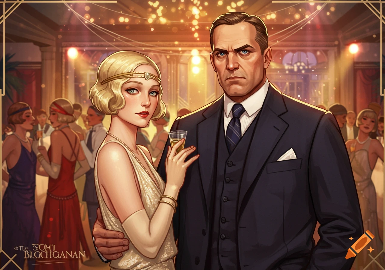 Man and woman in 1920s attire at a party.