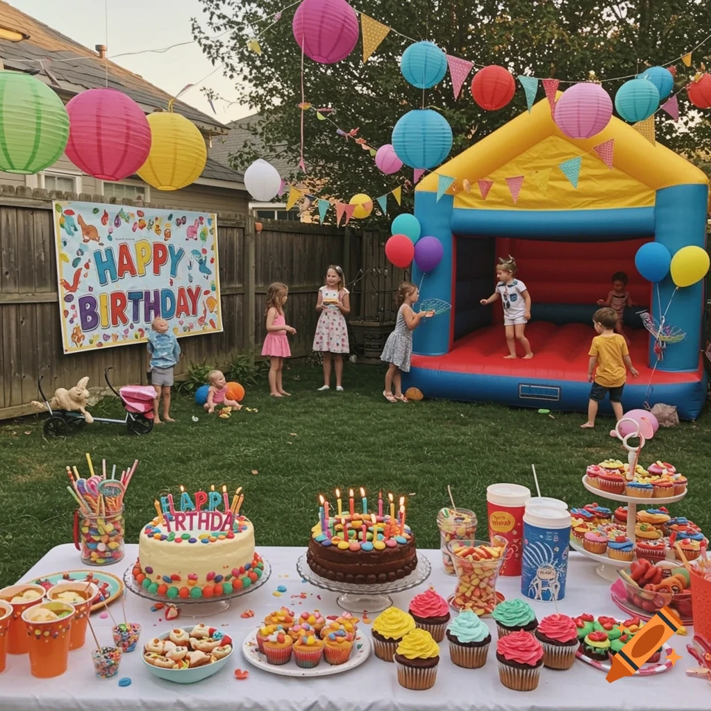 Kids birthday party in a backyard with a bounce house, decorations, and a table of cakes and treats.